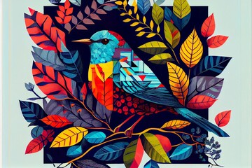 colorful pattern of squares of, background pattern, illustration with bird textile