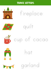 Tracing letters with cute Christmas elements. Writing practice.