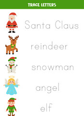 Tracing letters with cute Christmas characters. Writing practice.