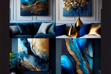 collection of designer oil paintings, a room with a bed and paintings, illustration with blue green
