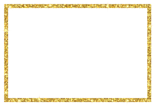 rectangle gold glitter frame isolated on transparent background illustration, PNG, clip art template for card, poster, banner, header