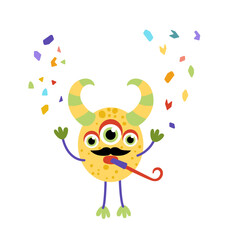 Monster with antler and confetti. Happy Birthday. Flat, cartoon, vector