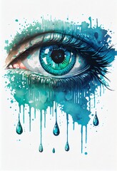 blue and turquoise watercolor crying, a close up of a person's eye, illustration with head eyebrow