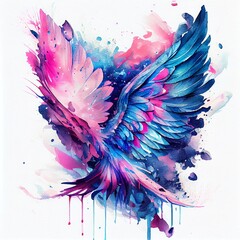 beautiful watercolor blue pink wings, a close-up of a colorful feather, illustration with art paint