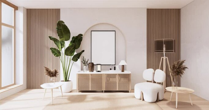 Minimalist wabi sabi interior mock up design, room muji sytle. 3D rendering.