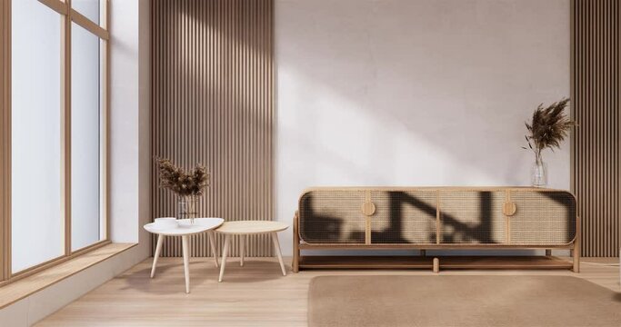 Minimalist wabi sabi interior mock up design, room muji sytle. 3D rendering.
