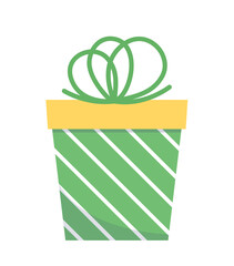 Green striped present with bow. Bday gift box. Flat, cartoon, vector