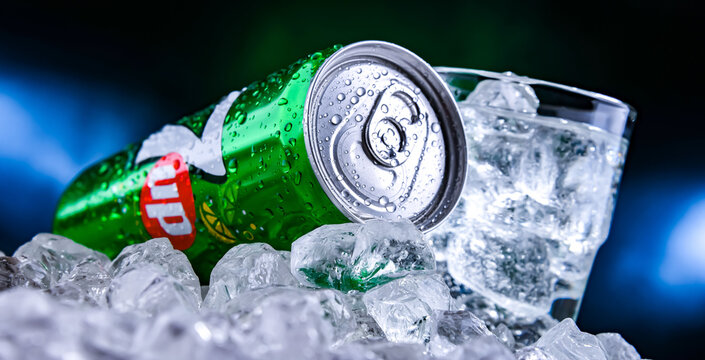 Can of 7 Up drink in crashed ice