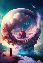 acceleration of dreamland, a person standing in front of a large jellyfish in the water, illustration with atmosphere world