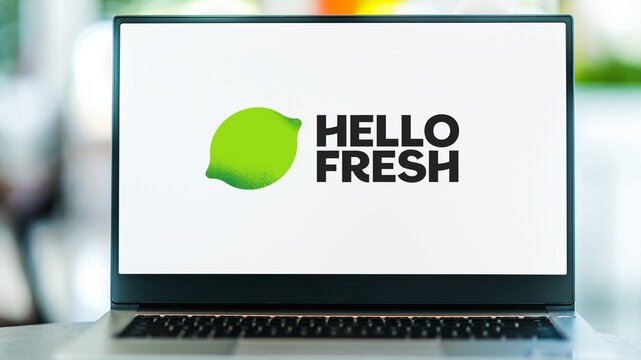 Laptop computer displaying logo of HelloFresh