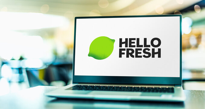 Laptop computer displaying logo of HelloFresh