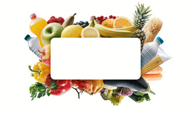 Fototapeta premium Frame made of fresh groceries and white sign
