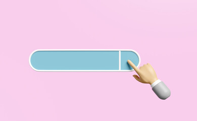 3d search bar blank with cartoon finger, hand businessman isolated on pink background. minimal web search engine or web browsing concept, 3d render illustration, clipping path