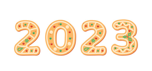2023 year. Gingerbread 2023. Cookie figures. Lettering, font. Flat, cartoon, vector
