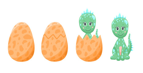 Cute newborn dino in egg shell. Vector cartoon illustration