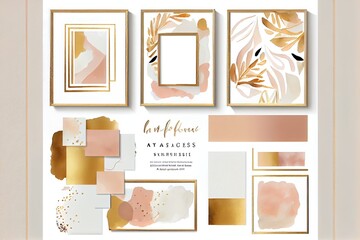 abstract arrangements. frames, textures. posters, a wall with pictures on it, illustration with rectangle orange