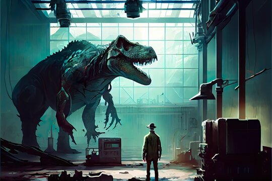 a hunter looked at the, a man standing next to a dinosaur, illustration with extinction light