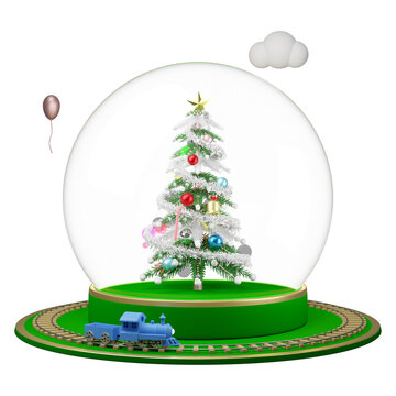 snow globe with christmas tree stage podium, ornaments, steam train transport toy isolated. website, poster, happiness cards, Christmas banner, festive New Year, 3d illustration render
