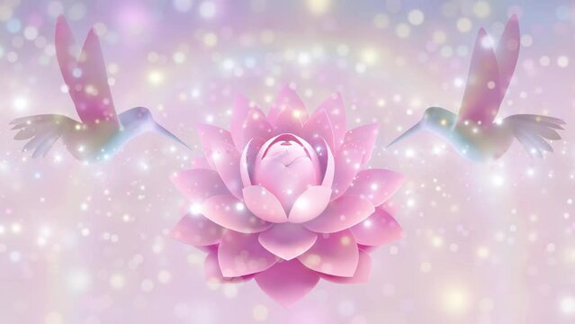 Pink lotus with humming birds and rainbow Meditation Animation, 3d render