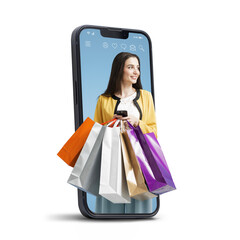 PNG file no background Happy young woman shopping online - obrazy, fototapety, plakaty