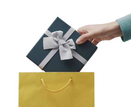 PNG file no background Woman putting a gift box in a bag - Powered by Adobe