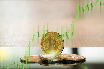 Rising value of bitcoin, increasing price and green candles rising.