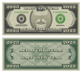 Merry Christmas and Happy new year 2023. Vector obverse and reverse banknote in the style of US dollars. Festive Santa Claus hat, mustache and beard. Congratulatory flyer - obrazy, fototapety, plakaty