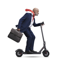 PNG file no background Fast businessman riding an electric scooter