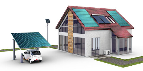 Energiehaus: erneuerbare Energieen am Einfamilienhaus mit Solar-Carport - 549405464