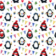 Cute little penguins are sledding and skiing and getting ready for Christmas. Watercolor seamless pattern on a white background - 549405884