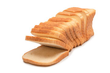 Delicious bread slices isolated on a white background, top view.