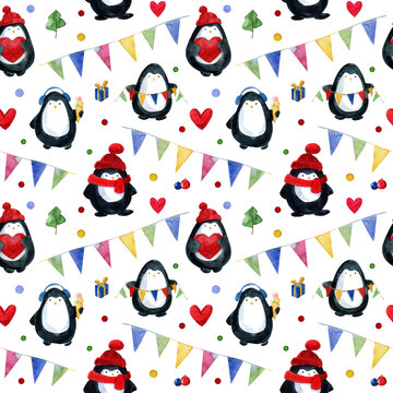 Cute little penguins are sledding and skiing and getting ready for Christmas. Watercolor seamless pattern on a white background