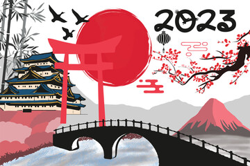 2023 Calendar year vector illustration. Annual calendar 2023 template. Calendar design more colors, every month using japanese style.