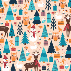 Winter background with forest animals, Christmas trees and gifts