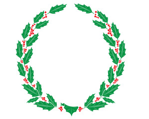 Vector illustration Christmas wreath of holly with red berries. Green leaf with greeting with text Merry Christmas. Icon isolated on white background. New Year's Eve celebration in December
