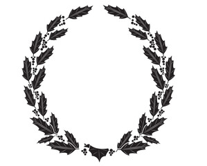 Black silhouetteVector illustration Christmas wreath of holly with red berries. Green leaf with greeting with text Merry Christmas. Icon isolated on white background. New Year's Eve celebration in Dec