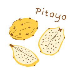 Illustration of a yellow pitahaya on a white background. Whole fruit, half fruit cut, fruit slice.