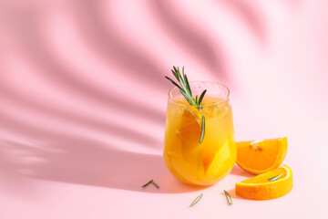 Summer cocktail with orange, rosemary, and ice.