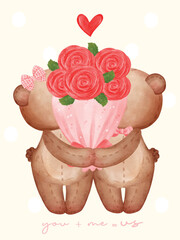 cute couple teddy bear doll kissing behind rose bouquet, adorable cartoon watercolor hand drawn vector illustration 