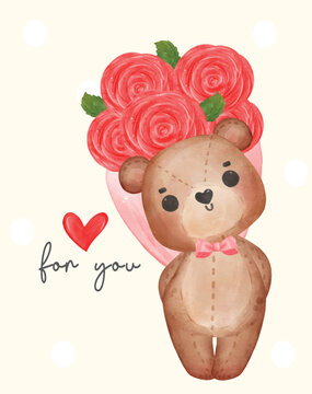 cute brown teddy bear doll hiding roses bouquet be hide, adorable cartoon watercolor hand drawn vector illustration.