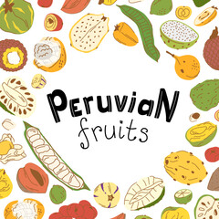 Square lettering peruvian fruits on a white background with fruits and seeds.