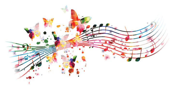 Vibrant music background with colorful musical notes and butterflies isolated. Vector illustration. Artistic music festival poster, live concert events, party flyer, music notes signs and symbols	