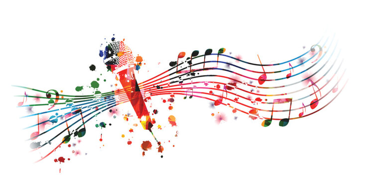 Colorful musical poster with microphone and musical notes. Vector illustration. Live concert events, music festivals and shows background, karaoke party flyer with musical notes and microphone	