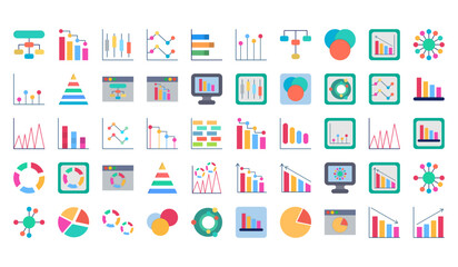 Chart And Diagram 50 Icons Set.Business graphs and charts icons.