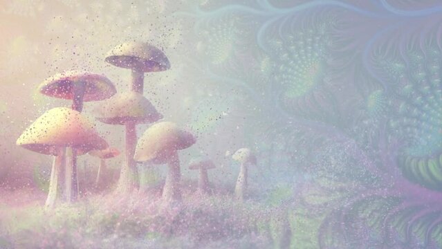 Ethereal Mushrooms with Fractals 3D illustration, Animatoion