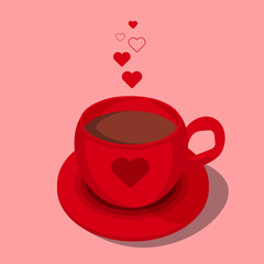 Red cup of hot chocolate with heart ornament and steam like the shape of little hearts. Love greeting card vector illustrations, Isolated design elements