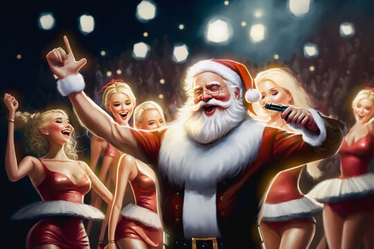 Digital painting of happy Santa invites for opening of the 2022 Xmas season in a Christmas commercial tv show. Accompanied by beautiful blonde elves. Dressed in a xmas red-white vacation Santa outfit.