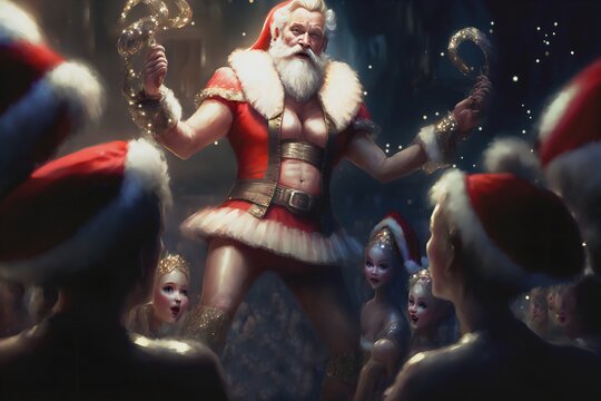 Santa dressed in a sexy winter outfit caught performing at a go-go club for female elves to boost morale. Hilarious digital illustration. Saturday night.