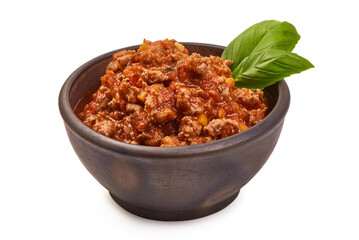 Bolognese sauce in a bowl, isolated on white background.