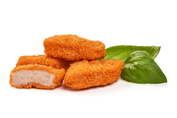 Chicken nuggets with basil, isolated on white isolated background.